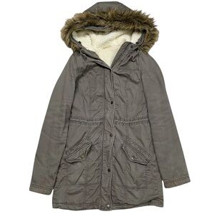 Hollister Olive Khaki Sherpa Lined Faux Fur Hooded Parka Jacket Y2K 2000’s